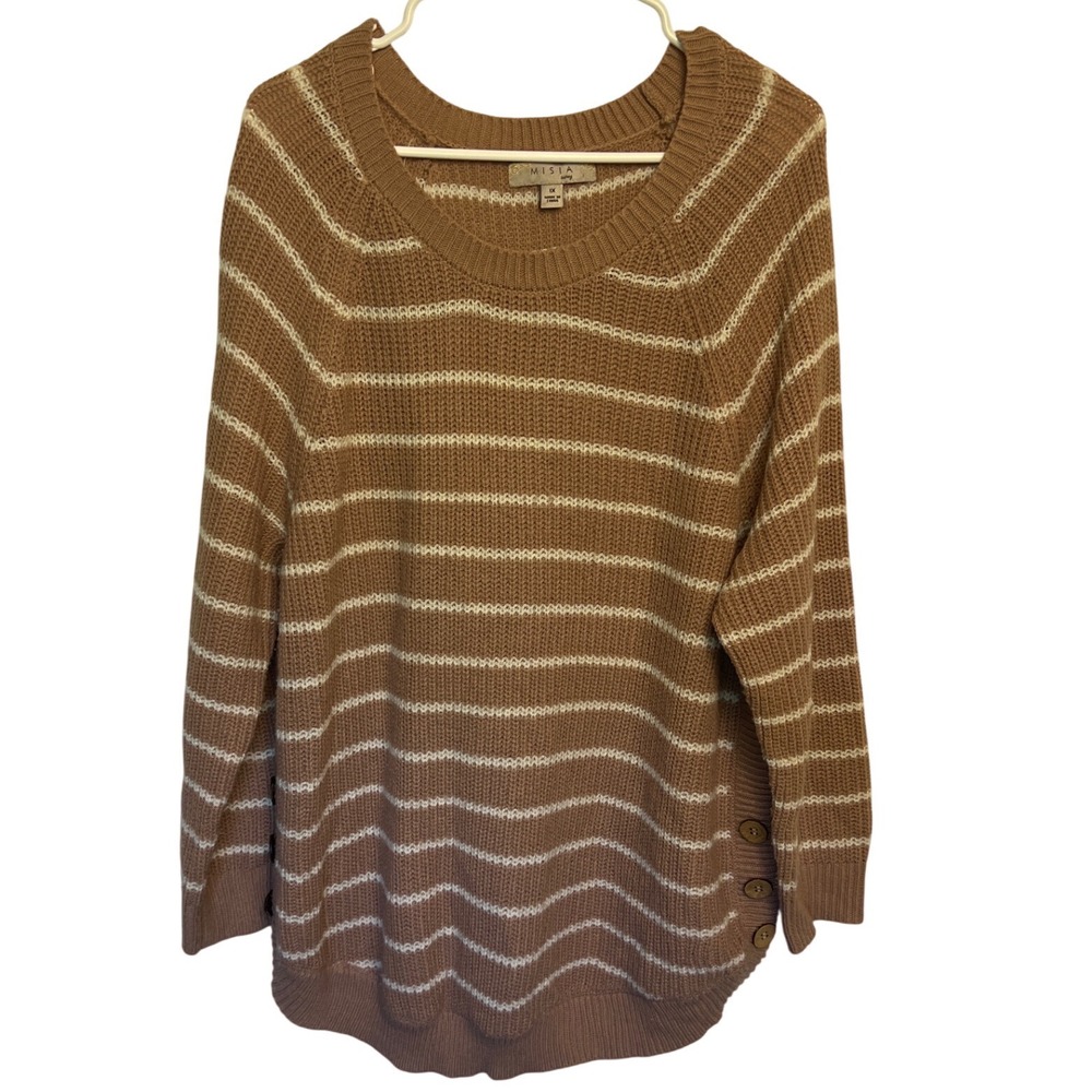 Misia Curvy Women 1X Striped Knit Sweater Tan White Side Button Boho Cottagecore
